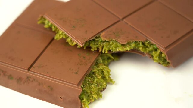 Dubai chocolate bar with green pistachio nuts kadaif dessert.