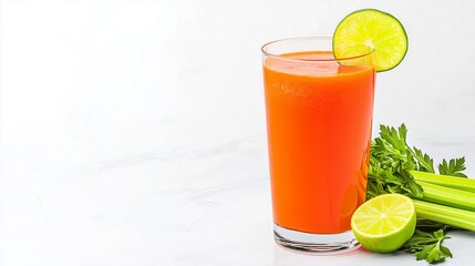 Fototapeta premium Refreshing Carrot Juice with Lime and Celery on a White Background