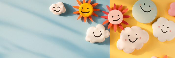 Cartoon-style sun and clouds with happy faces on a bright, cheerful pastel background conveying happiness and positivity in simple, playful colors and forms.