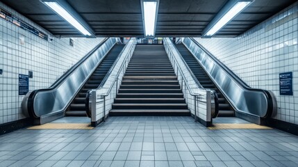 Empty Subway Escalators and Stairs: Modern Architectural View