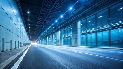 A long modern tunnel with bright blue lighting and a blurred motion effect, suggesting a high speed transportation environment