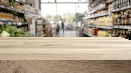 Obraz premium Empty Wooden Table in a Grocery Store - Modern, Clean Display