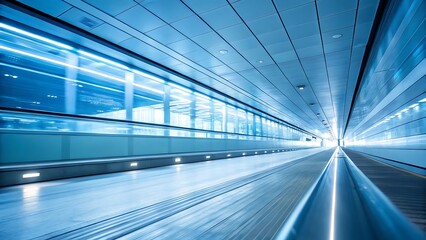 A long modern tunnel with bright blue lighting and a blurred motion effect, suggesting a high speed transportation environment