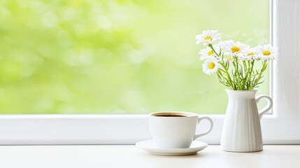 A cozy scene with a cup of coffee and daisies by a window.
