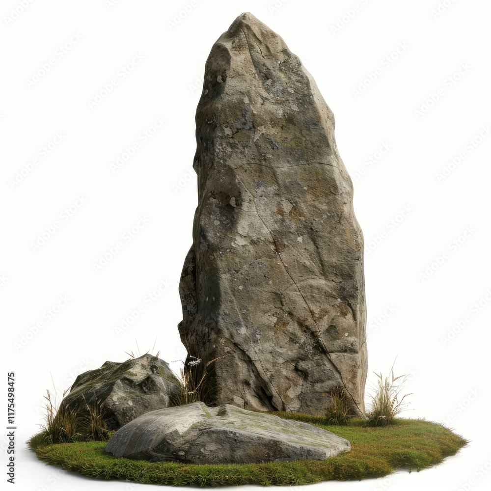 Poster large standing stone emerging from patch of grass with some smaller rocks around it on white backgro