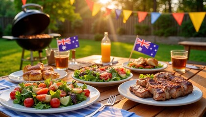 Close-Up of Australia Day Picnic Table with Flags, Fresh Food, and Barbecue, Festive Vibe, Copy Space