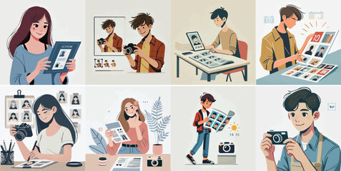 Vector set of a teenager making a photo catalog with a simple flat design style.