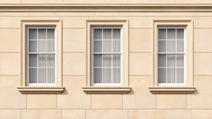 Fototapeta premium Three Elegant Sash Windows on a Beige Stone Facade