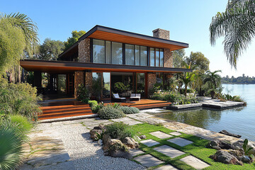 Modern Lakeside Home with Extensive Landscaping