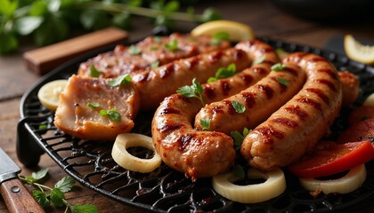 Grilled sausages with caramelized onions and herbs, appetizing mood, on the barbecue with copy space