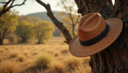 Australian cork hat swaying in the wind, natural mood, on a tree branch with copy space