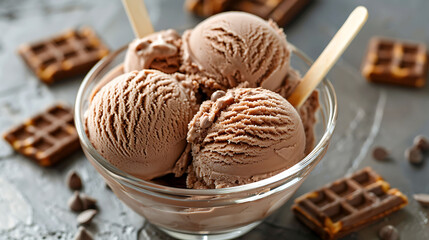 Chocolate ice cream in a glass bowl with waffle sticks on a hard surface
