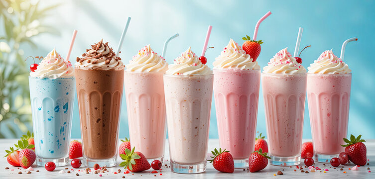 Brightly colored milkshakes in tall glasses are beautifully presented on a table. Each shake is topped with whipped cream and strawberries, creating an inviting display