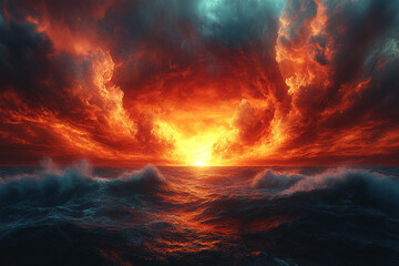 Obraz premium Fiery Sunset Over Turbulent Ocean Waves
