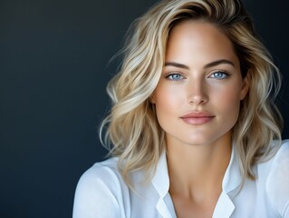 Fototapeta premium A woman with blonde hair and blue eyes posing for a picture