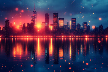 Cityscape at Sunset Glowing Lights Reflecting on Water