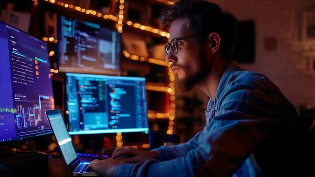A young male programmer writing code on his laptop while sitting at a desk with multiple computer screens in an office