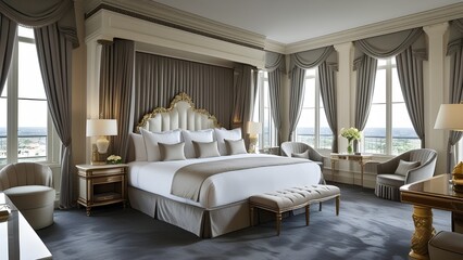 A luxurious hotel suite with a large bed, plush carpeting, and floor-to-ceiling drapes