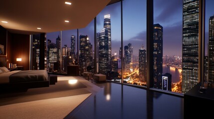 Obraz premium Modern bedroom with a city skyline view at night.