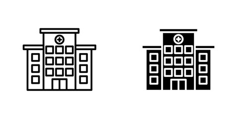 Hospital building icons. black and white vector set.