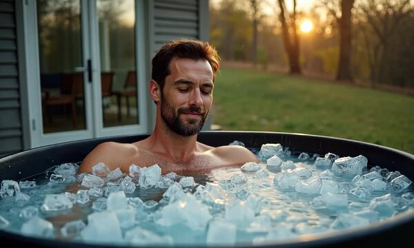 Video of man sitting in an ice bath outdoors, surrounded by ice cubes with a relaxed expression, in front of a house at sunset. Concept of relaxation. Ice bath pod concept