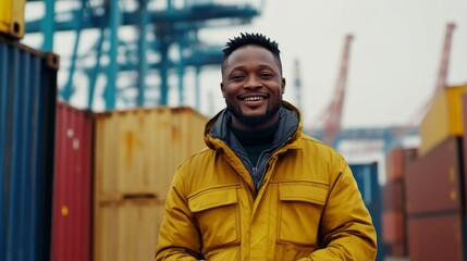 Smiling Man in a Yellow Jacket at a Busy Port