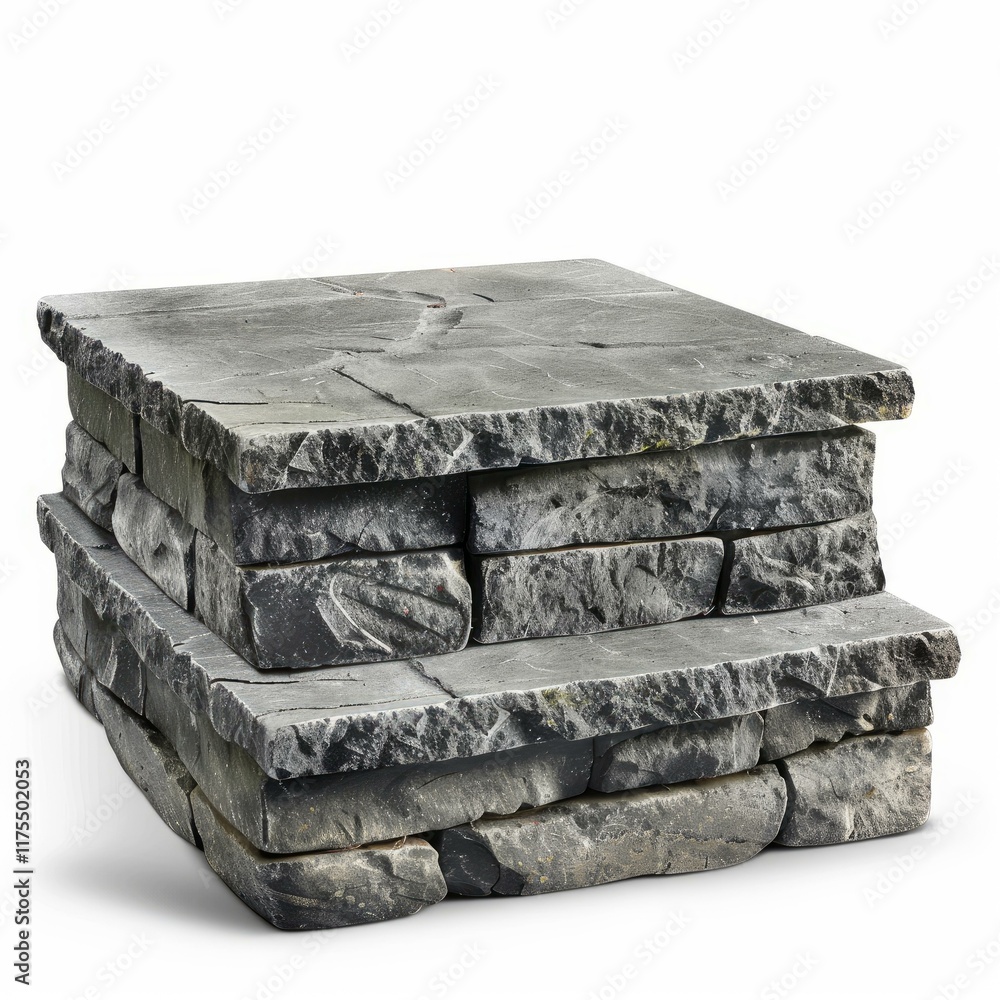 Poster gray stone column base supporting a large empty top surface, isolated on white background