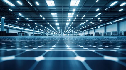 Naklejka premium Visual Representation of a Modern Warehouse with a Focus on Bright Lighting and a Detailed Floor Design Featuring Square Patterns in a High-Tech Environment