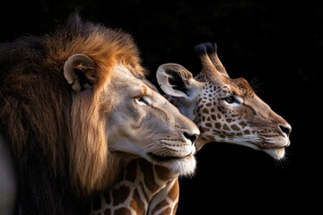 Naklejka premium Majestic Lion and Giraffe Share a Tender Moment