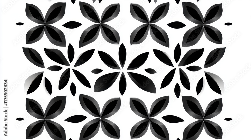 Poster geometric pattern with overlapping black and white shapes resembling stylized flowers, creating a se