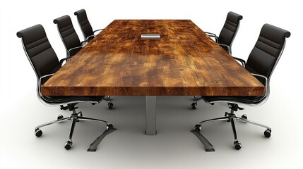 A rustic wooden conference table with black leather chairs. Ideal for boardrooms or executive offices seeking a blend of classic and modern styles.