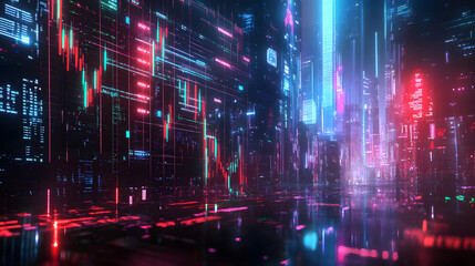 Obraz premium Glowing stock market chart overlayed on a futuristic cityscape