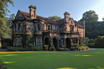 Majestic Stone Mansion Surrounded By Lush Green Lawns And Trees