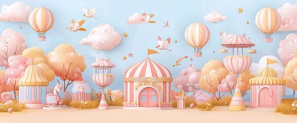 Whimsical fairytale landscape with pastel-colored hot air balloons, carousels, and trees.