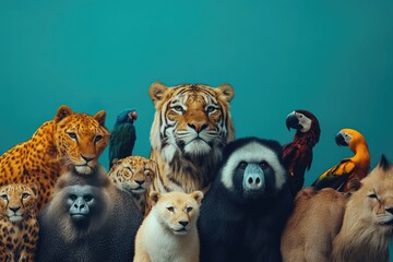 Fototapeta premium Majestic Wildlife Group Portrait Against Teal Background