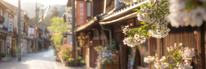 Cherry blossoms in full bloom line a traditional street at sunrise, with soft morning light enhancing the delicate flowers in a picturesque and serene setting.
