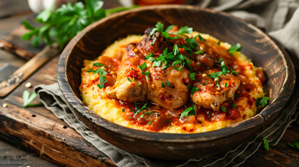 Gourmet polenta with chicken thigh and spicy sauce in antique wooden bowl