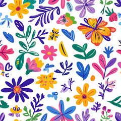 seamless background with flowers，Colorful floral pattern, hand-drawn style, natural beauty, artistic design, decorative background