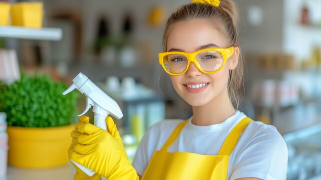 Cheerful woman in yellow gloves and glasses cleaning with spray bottle