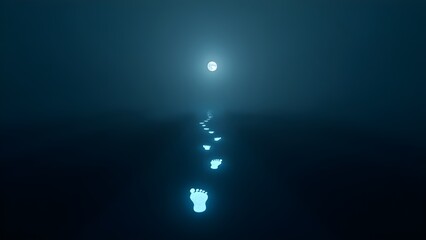 Obraz premium A minimalist depiction of a journey with glowing footprints on a dark path