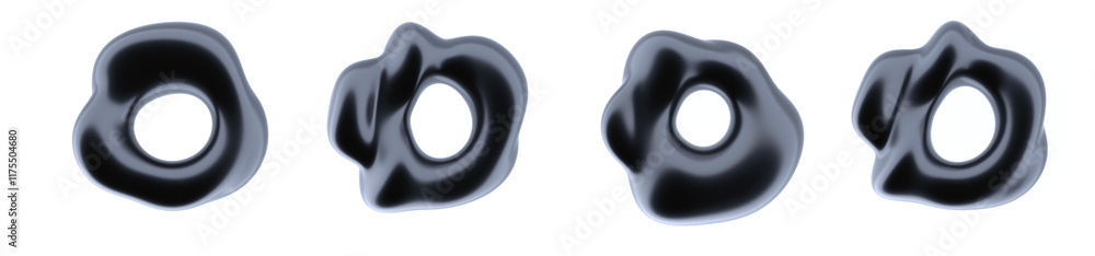 Poster set of 3d glossy rings with distortions and glitchy wavy texture. illustration for creative futurist