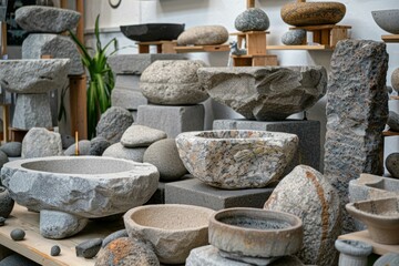 Naklejka premium Various stone sinks and basins are displayed on pedestals, creating an exhibit of craftsmanship and natural beauty