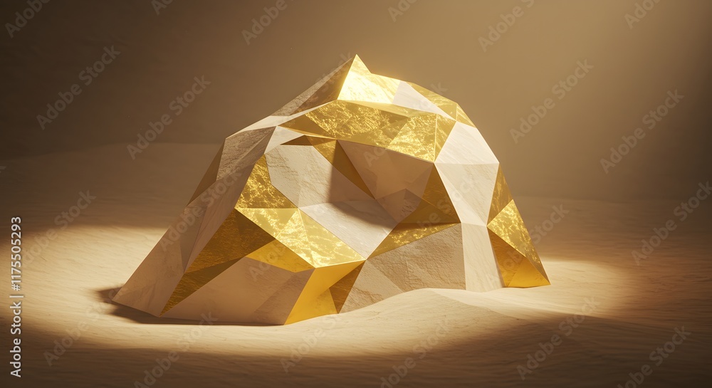 Poster geometric gold and white sculpture with abstract shape illuminated in soft warm light suitable for l