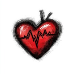 Red Heart with Bold Sketch Lines and Heartbeat Wave.