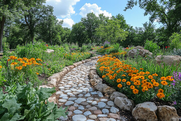 Stone Path Through A Vibrant Garden Landscape