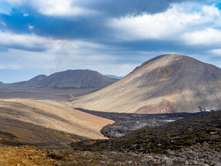 landscape in iceland, Reykjanes with lava fields and volcano mountains in summer