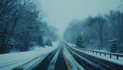Snowy winter road with trees and traffic lights in the background.