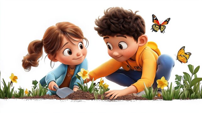 Cartoon children planting flowers together in a sunny spring garden, enjoying nature with butterflies around