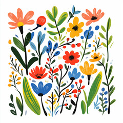 Vector Hand Drawn Flowers and Plants in Cute Color Palette. Hand drawn Vector Set. Colorful trendy illustration. All elements are isolated. Perfect For your own design.