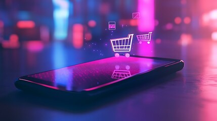 A smartphone on a table with a glowing shopping cart icon and floating elements representing online marketing tools